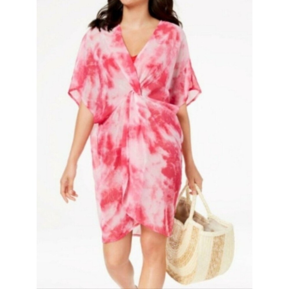 Betsey Johnson NWT Hot Pink & White Sheer Tie Dye Beach Swim Cover Up Dress,OS